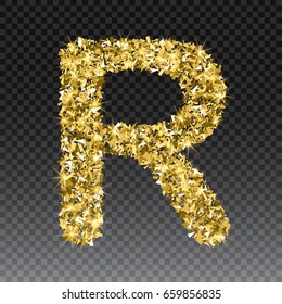 Gold glittering letter R. Vector shining golden font lettering of sparkles on checkered background.