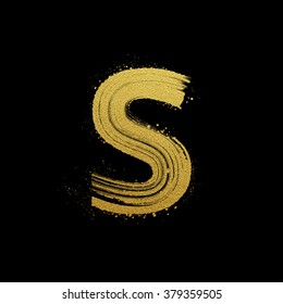 Gold glittering letter S in brush hand painted style