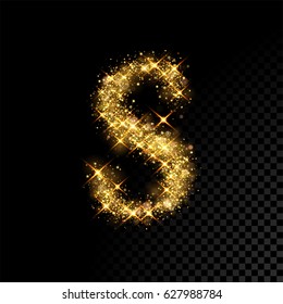 Gold glittering letter S. Vector shining golden font lettering of sparkles on black background.