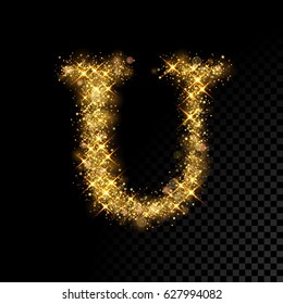 Letra U lustre oro. El vector brillaba con letras de letra doradas de brillo sobre fondo negro.