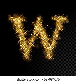 Gold glittering letter W. Vector shining golden font lettering of sparkles on black background.