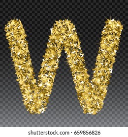 Gold glittering letter W. Vector shining golden font lettering of sparkles on checkered background.