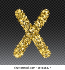 Gold glittering letter X. Vector shining golden font lettering of sparkles on checkered background.