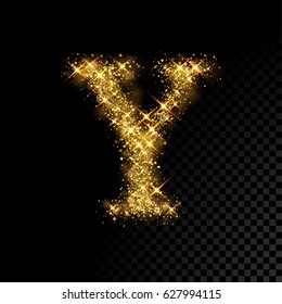 Gold glittering letter Y. Vector shining golden font lettering of sparkles on black background.