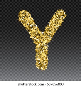 Gold glittering letter Y. Vector shining golden font lettering of sparkles on checkered background.