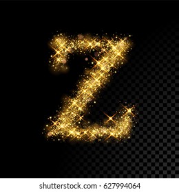Gold glittering letter Z. Vector shining golden font lettering of sparkles on black background.