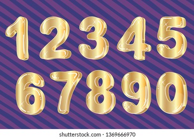 Gold glittering metal alphabet. Vector funny cartoon bubble numbers. Isolated on white background
