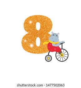 Gold glittering number eight. Birthday anniversary number with cute hippo. Birthday template with hippo for greeting cards, invitations.