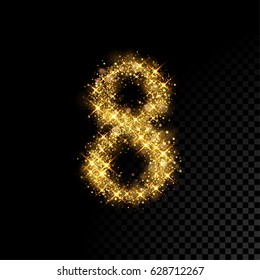 Gold glittering number eight. Vector shining golden font figure lettering of sparkles on black background.