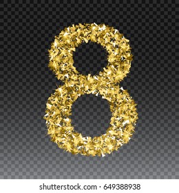 Gold glittering number eight.Vector shining golden font figure lettering of sparkles on checkered background.