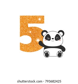 Gold glittering number five. Birthday anniversary number with cute panda. Birthday template with panda for greeting cards, invitations.