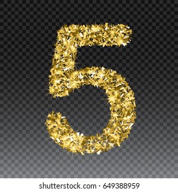 Gold glittering number five.Vector shining golden font figure lettering of sparkles on checkered background.