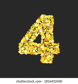 Gold glittering number four on black background. Shining golden number 4 of sparkles. Luxury Golden Glitter elegant celebration design for decoration wedding, anniversary, party, label, headline