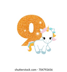 Gold glittering number nine. Birthday anniversary number with cute unicorn. Birthday template with unicorn for greeting cards, invitations.