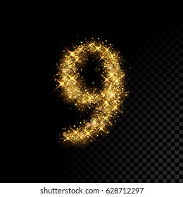 Gold glittering number nine. Vector shining golden font figure lettering of sparkles on black background.