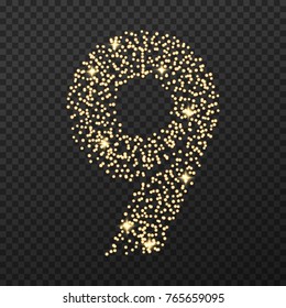 Gold glittering number nine . Vector shining golden font figure lettering of sparkles on transparent background.