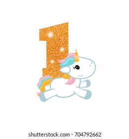 Gold glittering number one. Birthday anniversary number with cute unicorn. Birthday template with unicorn for greeting cards, invitations.