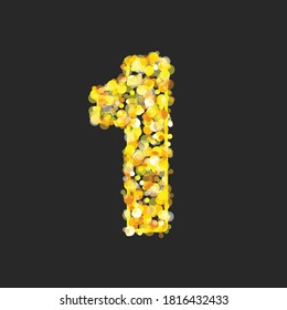 Gold glittering number one on black background. Shining golden number 1 of sparkles. Luxury Golden Glitter elegant celebration design for decoration wedding, anniversary, party, label, headline