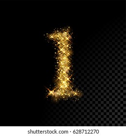 Gold glittering number one. Vector shining golden font figure lettering of sparkles on black background.