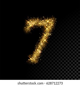 Gold glittering number seven. Vector shining golden font figure lettering of sparkles on black background.