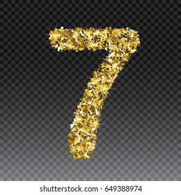 Gold glittering number seven.Vector shining golden font figure lettering of sparkles on checkered background.