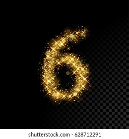 Gold glittering number six. Vector shining golden font figure lettering of sparkles on black background.