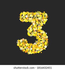 Gold glittering number three on black background. Shining golden number 3 of sparkles. Luxury Golden Glitter elegant celebration design for decoration wedding, anniversary, party, label, headline