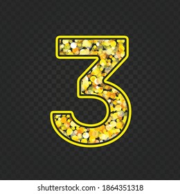 Gold glittering number three on transparent background. Shining golden number 3 of sparkles. Luxury Golden Glitter elegant celebration design for decoration wedding, anniversary, party, label