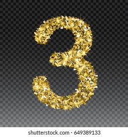 Gold glittering number three. Vector shining golden font figure lettering of sparkles on checkered background.