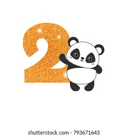Gold glittering number two. Birthday anniversary number with cute panda. Birthday template with panda for greeting cards, invitations.