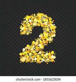 Gold glittering number two on transparent background. Shining golden number 2 of sparkles. Luxury Golden Glitter elegant celebration design for decoration wedding, anniversary, party, label, headline