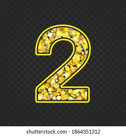 El oro reluciente número dos sobre fondo transparente. Brillante dorado número 2 de chispas. Elegante diseño de celebración Golden Glitter de lujo para la decoración boda, aniversario, fiesta, etiqueta, titular