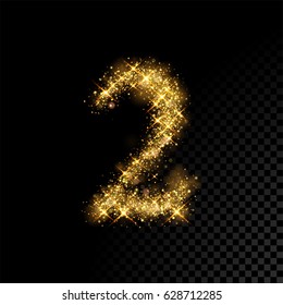 Gold glittering number two. Vector shining golden font figure lettering of sparkles on black background.