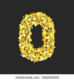 El oro brillando número cero sobre fondo negro. Brillante número dorado 0 de chispas. Elegante diseño de celebración Golden Glitter de lujo para la decoración boda, aniversario, fiesta, etiqueta, titular