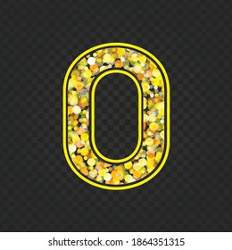 Gold glittering number zero on transparent  background. Shining golden number 0 of sparkles. Luxury Golden Glitter elegant celebration design for decoration wedding, anniversary, party, label