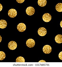 Gold glittering polka dot seamless pattern isolated on black. Vector abstract background with sparkle confetti.