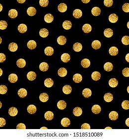 Gold glittering polka dot seamless pattern isolated on black. Vector abstract background with sparkle confetti.