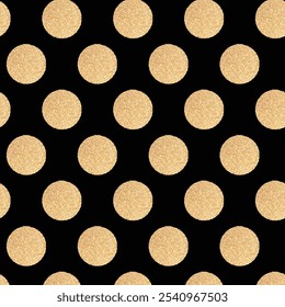 Gold glittering polka dot seamless pattern isolated on dark background. Vector abstract background with sparkle confetti.