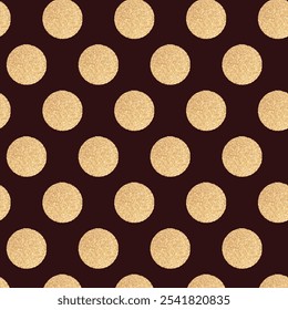 Gold glittering polka dot seamless pattern isolated on dark background. Vector abstract background with sparkle confetti.