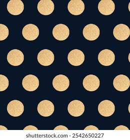 Gold glittering polka dot seamless pattern isolated on dark background. Vector abstract background with sparkle confetti.