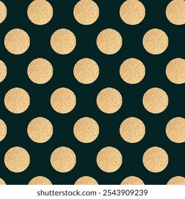 Gold glittering polka dot seamless pattern isolated on dark background. Vector abstract background with sparkle confetti.