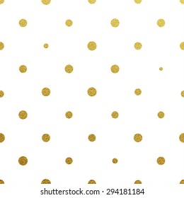 Gold glittering polka dot seamless pattern on white background.