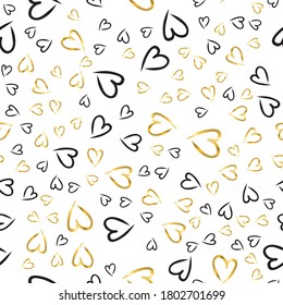 Gold glittering seamless pattern of hearts on white background.