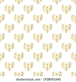 Gold glittering seamless pattern of hearts on white background. Vector illustration