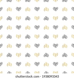 Gold glittering seamless pattern of hearts on white background. Vector illustration
