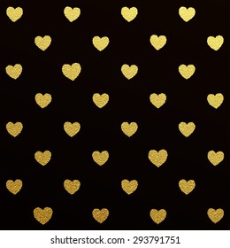  Patrón dorado sin fisuras de corazones sobre fondo negro.
