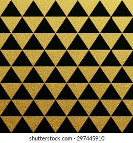 Gold glittering seamless pattern of triangles on black background.