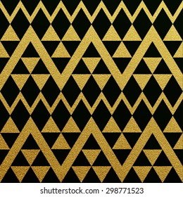 Gold glittering seamless pattern of triangles on black background.
