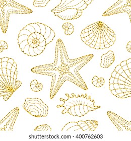 Gold glittering seashells and starfish seamless pattern on white background. 