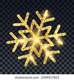 Gold glittering snowflake isolated on transparent background. Vector illustration.